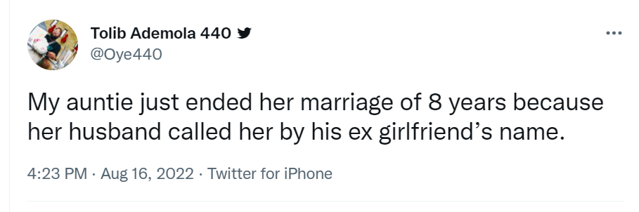 Twitter user claims his aunt ended her marriage of 8 years because her husband called her his ex-girlfriend