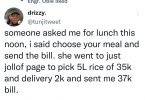 Man calls out woman who requested food worth 35K on his dime and she responds